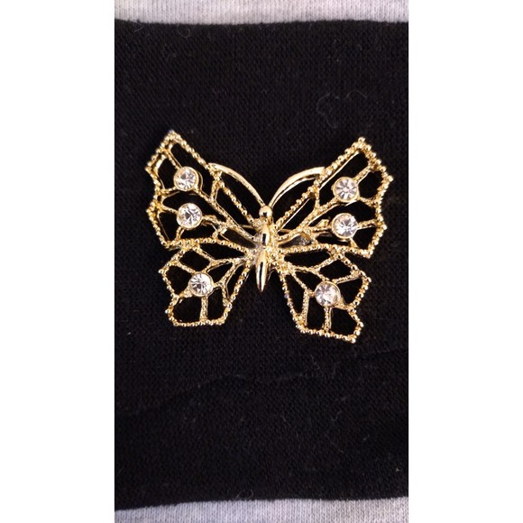 Vtg 1980s Gerrys Brooch Lapel Pin Butterfly Clear Rhinestones Gold Tone Metal - Picture 7 of 8